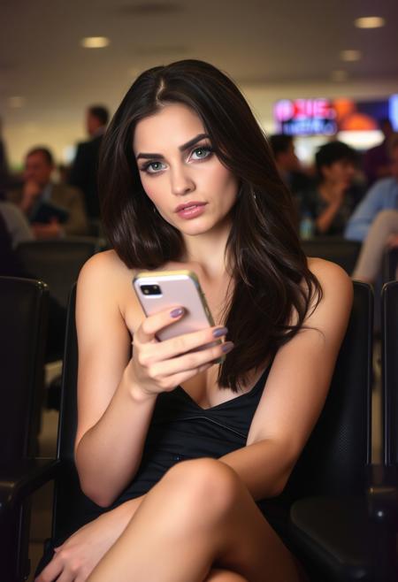 Authentic share, amateur quality distant phone photo in bad resolution of a stunningly beautiful girl sitting seductively across the room in a busy airport holding her cellphone. The image is slightly grainy and out of focus, with visible noise, emphasizing its candid and impromptu nature. 
She is making lustful, seductive eye contact with me creating sexual tension. Her presence exudes elegance, eroticism, sex appeal, mystery, and intensity captured in a spontaneous moment with imperfect lighting that adds to the overall charm of the snapshot.