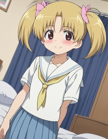 mikazuki kiryuu, short hair, blonde hair, twintails, brown eyes, smile, skirt, school uniform, serafuku, yellow neckertie, blue skirt, short sleeves,