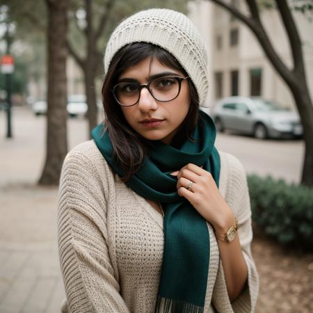 cinematic film still of  <lora:Mia Khalifa SD1.5:1.2>
Mia Khalifa a woman wearing glasses and a scarf vintage glamour photography, shallow depth of field, vignette, highly detailed, high budget, bokeh, cinemascope, moody, epic, gorgeous, film grain, grainy