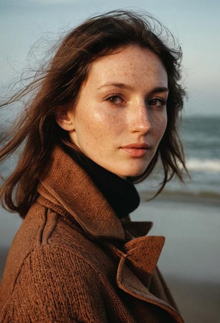 A beautiful 35mm photo of a 30 year old Dutch woman, sideview, ((turtleneck sweater)), ((leather trenchcoat)), ((full body:1.2)), polaroid film style, she has a comely face, shy smile, in love, pale skin, very dark eyes, chocolate brown hair, straight hair, 70's fringe, beautiful mouth, long face, narrow chin, freckles on nose, birthmarks on stomach, she is slim, natural tits, perfectly shaped tits, pubic hair, ultra realistic, extremely detailed, highly detailed eyes, realistic eyes, highly detailed skin, realistic skin, on the beach at the Dutch coastline, foggy 
cloudy, beautiful lighting, soft natural light, golden hour light, perfect light, Rembrandt style light, 8k resolution, masterpiece, 35mm,Camera="Hasselblad X1D 50c", Lens="Hasselblad XCD 90 mm f/3.2 ", "Aperture-of=f/2.8", "ISO=100", film grain, (ultra high res:1.2),(photo-realistic:1.3) (skin pores:1.1)