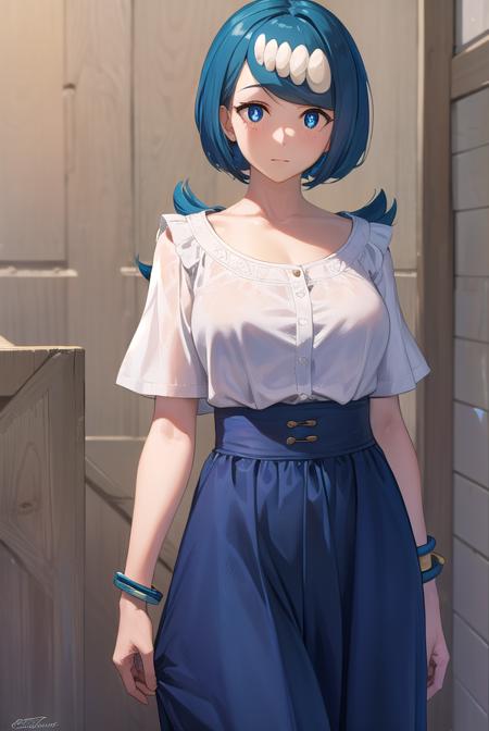 pokemonmotherlana, <lyco:pokemonmotherlana-lyco-nochekaiser:1>,
pokemonmotherlana, blue eyes, blue hair, freckles, hair ornament, long hair, swept bangs, (bright pupils:1.5),
BREAK blouse, blue skirt, bracelet, collarbone, dress, jewelry, long skirt, shirt, short sleeves, skirt, white shirt,
BREAK looking at viewer, full body, (cowboy shot:1.5),
BREAK indoors,
BREAK <lyco:GoodHands-beta2:1>, (masterpiece:1.2), best quality, high resolution, unity 8k wallpaper, (illustration:0.8), (beautiful detailed eyes:1.6), extremely detailed face, perfect lighting, extremely detailed CG, (perfect hands, perfect anatomy),