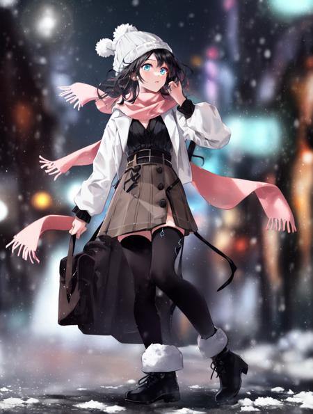 absurdres, masterpiece, highres, cinematic, full HD, 8k, intricate detail, ultra detailed, illustration, (portrait), landscape, 1girl, (road, street:1.4) gothic, white hair, black beanie, blurry, (bokeh, blurry background:1.4), (city lights, neon lights:1.4), winter, morning, sunrise, (Lens Flare), (city, cityscape:1.4), light blue eyes, eye focus, scarf, depth of field, snow, snow particles