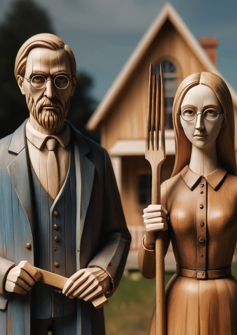 wooden figures from the painting "American Gothic",holding a pitchfork, house from behind, 8k, F2.8, RAW Photo, ultra detailed, real life,  woodfigurez,  <lora:woodfigurez:0.6>