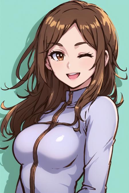 masterpiece, best quality, brown hair, brown eyes, smile, open mouth, one eye closed, small breasts, blue bodysuit, long sleeves, upper body, portrait, akai-4v