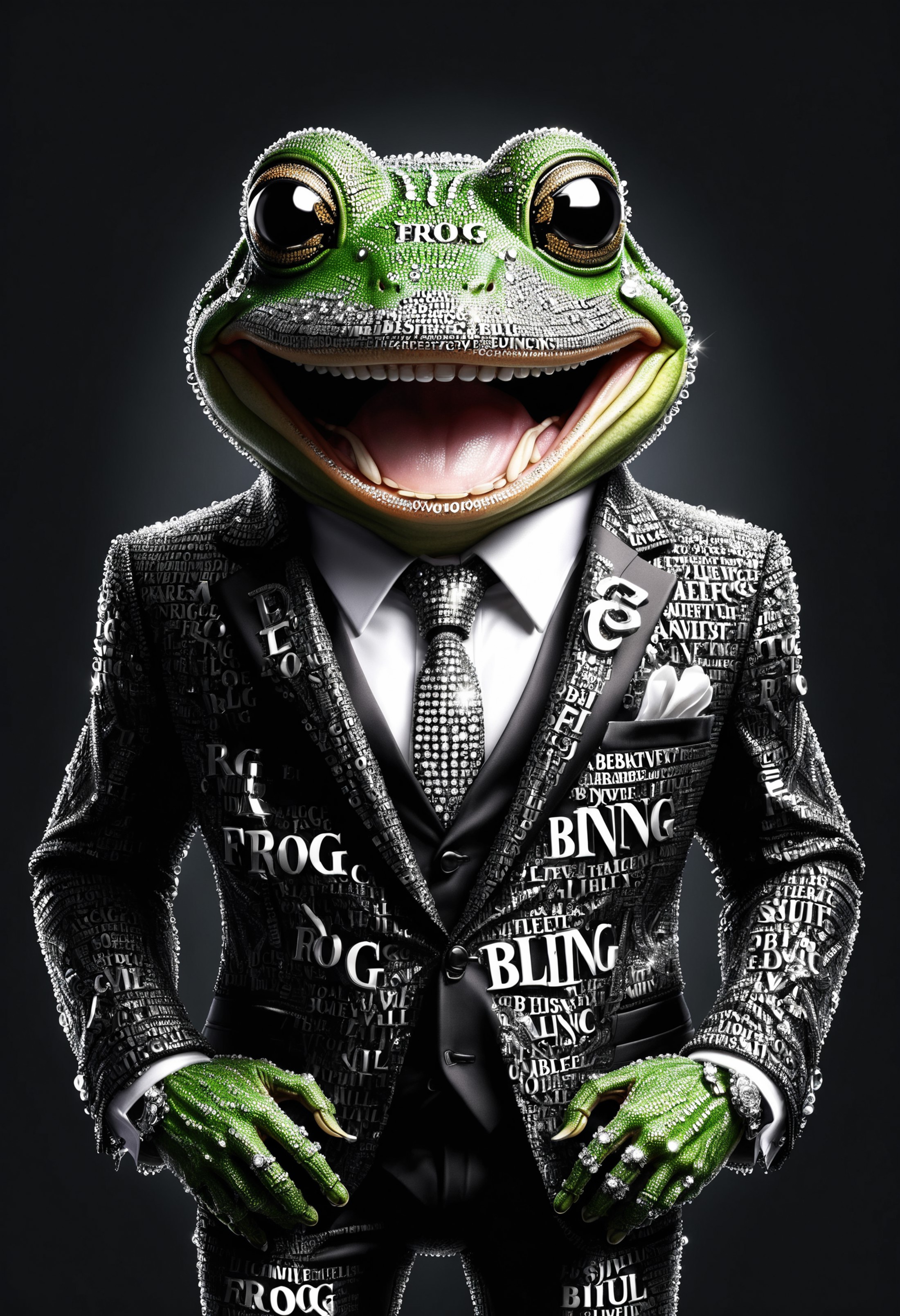 dvr-txt frog with a large smile, teeth made of diamonds, wearing a black suit, text logo "BLING" <lora:dvr-txt:1>