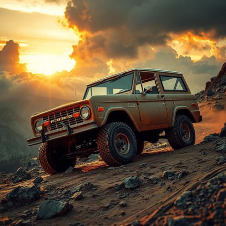 A classic Ford Bronco climbing a rocky mountain path at sunset, golden light reflecting off its dusty body, dramatic clouds in the background, cinematic atmosphere, realistic textures, 1970s adventure film look, 4k, highly detailed