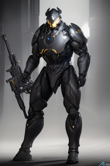 (masterpiece, best quality, high quality, absurdres, soft lighting, film grain, semirealistic), 
(1boy, robot, humanoid, solo, good body), (detailed helmet, rhino), detailed suit, broad shoulder, full body, ((sci-fi theme, hard surface)), (holding a huge gun),
((dark background:1.4, fog)), <lora:RhinoV1:0.7>