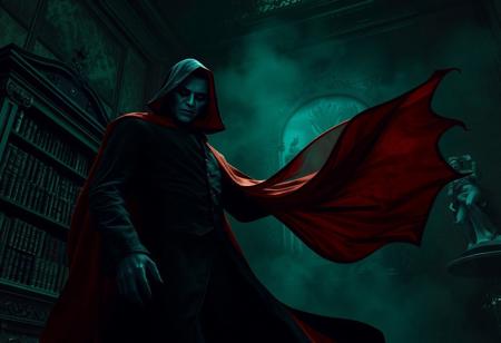 horror Vampire Ghost, "Castlevania: Lords of Shadow 2," dimly lit aristocratic room. Black outfit, flowing red cape. Masked face. Bookshelf, statue. Green and black color palette. Low angle, imposing presence. Baroque painting, dynamic action pose, octane render, Unreal Engine 5, trending on Artstation, CGSociety, 8k HDR, golden ratio, splash ink illustration, lifelike details, super detailed face and clothes, exceptional quality, more detail.