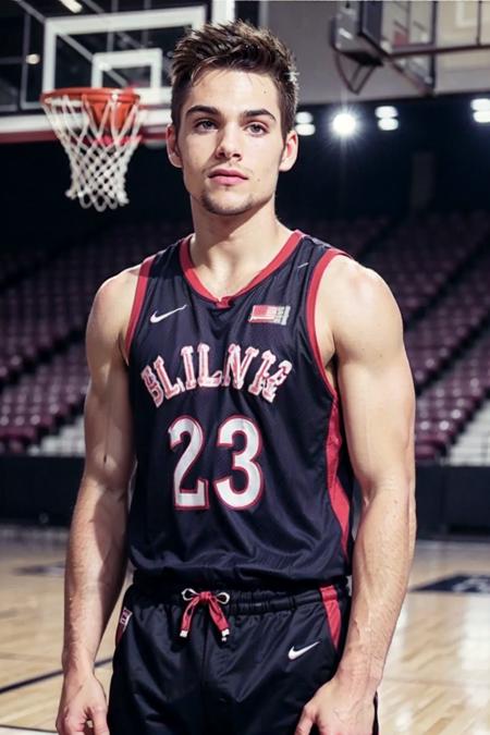 ((masterpiece)), ((best quality:1.2)), High Resolution, 8k, (ultra_realistic:1.3), (photorealistic:1.4), (instagram model, handsome:1.2), sharp focus, a photo of (dylansprayberrykm), wearing basketball uniform jersey, in a stadium, playing basketball, gym, ((looking at viewer)),  <lora:DylanSprayberryKM_16_v2:0.8>