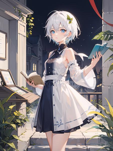 masterpiece,best quality,1girl,yanhe,short hair,white hair,<lora:yanhe-000006:1>,leaf, open book,