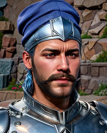 best quality,masterpiece,highly detailed,ultra-detailed, 1gril,<lora:neg4all_bdsqlsz_V3.5:-1>  <lora:bg3:1> digital art, unreal engin 5,
bg3, 1boy, solo, male focus, facial hair, beard, chainmail, upper body, closed mouth, mustache, armor, blue headwear, hat, manly, thick eyebrows, black hair, cosplay, short hair
game play screenshot