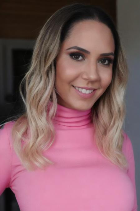 Portrait photo of r3n4t4fr1ss0n woman, detailed face, pink turtleneck blouse, slight smile