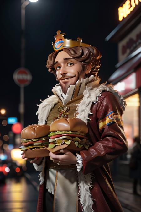 1man, solo, portrait of burgerking mascot man at fast food restaurant with giant burgers, looking at viewer, details, realistic, photography, blurry background, softfocus , bokeh <lora:ARWBurgerKingMascot:1>