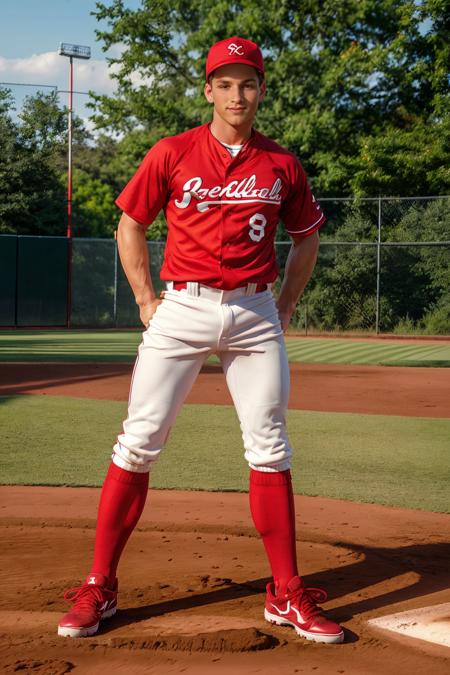 outdoors, baseball field, standing at second base, TravisWade is a baseballplayer, slight smile, baseball uniform, (red baseball cap), (red jersey), white pants, (red socks), long socks, (black sneakers), looking at viewer, masterpiece, ((full body portrait))  <lora:TravisWade:0.8>  <lora:Clothing - Sexy Baseball Player:0.6>