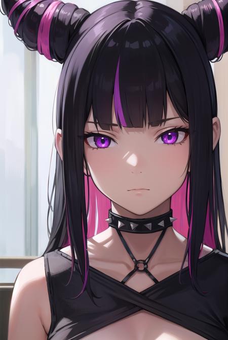 jurihan, <lyco:jurihan-lyco-nochekaiser:1>,
juri han, asymmetrical hair, black hair, (diagonal bangs:1.5), hair horns, medium hair, multicolored hair, (purple eyes:1.1), pink hair, two-tone hair,
BREAK black collar, chinese clothes, collar, crop top, navel, spiked collar, spikes, pants, baggy pants,
BREAK indoors,
BREAK looking at viewer, (upper body:1.5),
BREAK <lyco:GoodHands-beta2:1>, (masterpiece:1.2), best quality, high resolution, unity 8k wallpaper, (illustration:0.8), (beautiful detailed eyes:1.6), extremely detailed face, perfect lighting, extremely detailed CG, (perfect hands, perfect anatomy),