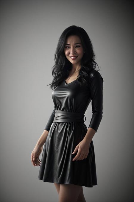 Masterpiece, absurdres, award-winning photo, extremely detailed, fine detail, hyper-realistic, lifelike texture, dramatic lighting, unrealengine, trending on artstation, cinestill 800 tungsten, smiling, excited, woman in a black, intricately designed pelvic_curtain dress with multiple straps around the waist, leather boots, full body, seductive pose, sharp focus, f1.6 lens, rich colors, kodak portra 400 film stock, nikon d850, by lee jeffries, cinematic atmosphere, intense gaze, realistic skin texture, subtle makeup, flowing dress folds