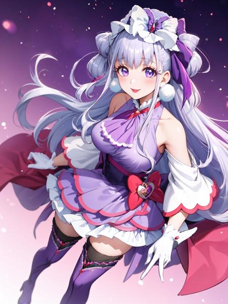 cure amour purple dress, white gloves, ascot, wide sleeves, detached sleeves, layered dress, knee boots, purple thighhighs, pom pom earrings, headdress, lipstick