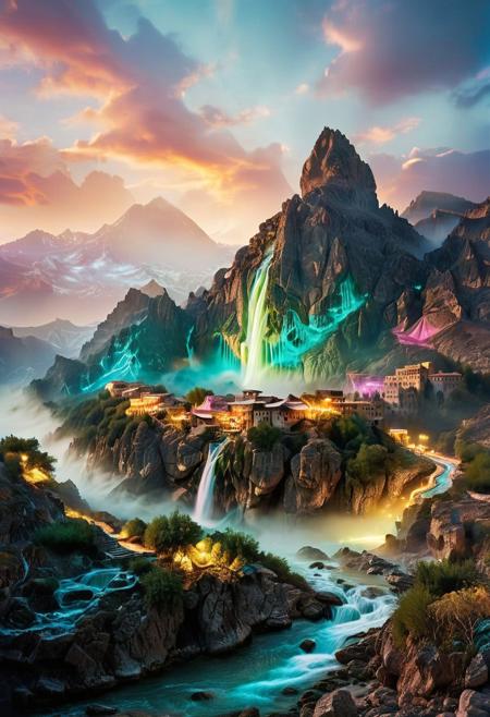 (by Ellen Jewett:1.5), (Bioluminescent Impressionism, Egyptian landscape, The Dreamland,, their peaks veiled in mist. mixed media, surrealism, great lighting, A surreal landscape highly detailed . extremely high-resolution details,  appears trapped in an optical illusion of reflections and refractions colorful , mountains and village in Turkey, professional photography, natural lighting, volumetric lighting maximalist. intricately detailed, complex, elegant, expansive, fantastical, waterfall, ethereal landscapes, depth of field, biotech emotion:1.3) <lora:xl_more_art-full_v1:0.5> <lora:add-detail-xl:1> <lora:RMSDXL_Creative:2>