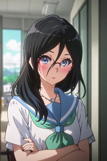 best quality, masterpiece, highres, solo, {tanaka_asuka_soundeuphonium:1.15}, black_hair, long_hair, glasses, blue_eyes, blush, red-framed_eyewear, serafuku, over-rim_eyewear, semi-rimless_eyewear, closed_mouth, hair_between_eyes, 1girl, lipstick, anime_coloring, jewelry, looking_at_viewer, makeup, necklace, ponytail