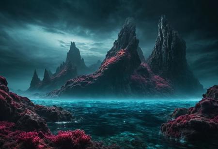 ningen, mythical underwater landscape, ocean, vivid dark colors, high res
