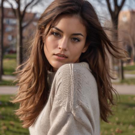 <lora:nella_sdxl:1> nella woman wearing a sweater, hair blowing in the wind, jeans, outside, park , portrait, beautiful bone structure, (realistic, photo-realistic:1.37), ultra high res, ultra-detailed, incredibly beautiful girl, 8k uhd, dslr, soft lighting, high quality, film grain, Fujifilm XT3