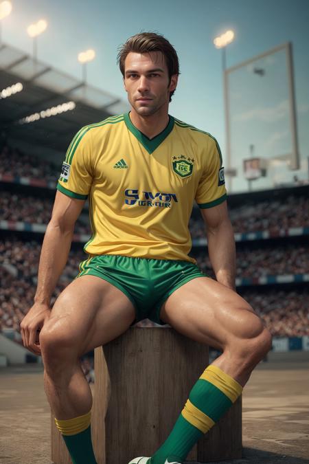 handsome man  wearing a vintage soccer uniform, retrosoccer, yellow jersey, green shorts, full body, sitting, at the city, jersey, shorts, socks, cleets, realistic, masterpiece, highres, cinematic lighting, perfect face, detailed face,detailed eyes, detailed dress , full body  masterpiece, highres, detailed picture, detailed face, detailed eyes, full body, perfect face <lora:RetroSoccer-000003:1>