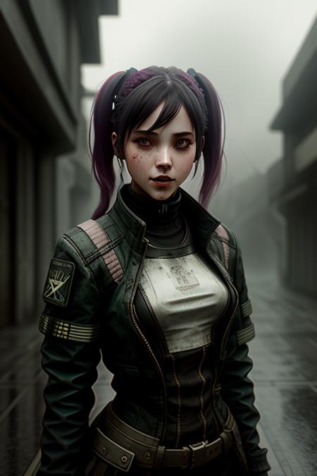 dystopianx style, a young woman, street, laughing, ponytails, (hdr:1.3), (muted colors:1.2), dramatic, complex background, cinematic, filmic, (rutkowski, artstation:0.8), soaking wet