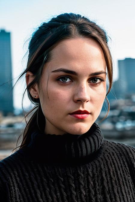 a face picture of  MonicaRaymundV4-900 (with black sweater:1.2), ((front view)), red lips, and a ((close up:1.3)), background is city ruins, (high detailed skin:1.2), 8k uhd, dslr, soft lighting, high quality, film grain, Fujifilm XT3