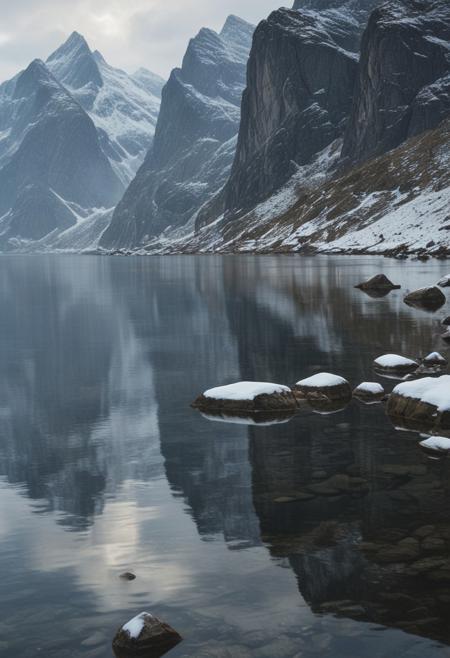 masterpiece, photorealistic, scandinavia, fjords, water, snow, mountains,  serene, peaceful, uninhabited