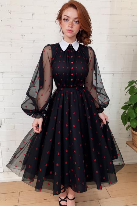 BRM1n1h3arts, heart print dress, short dress, puffy long sleeves, black dress, collared dress,<lora:BRM1n1h3arts:0.7> masterpiece, best quality, <lora:age_slider_v20:1> <lora:detail_slider_v4:1>  <lora:Fr3ckles:0.7> Fr3ckles, freckles, long hair, ginger hair, white background,