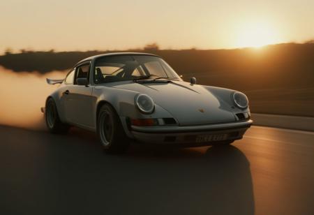 cinematic photo of a fast moving drifting classic Porsche 911 at sunrise, motion blur, moving tires, Movie Still, Film Still, Cinematic, Cinematic Shot, Cinematic Lighting