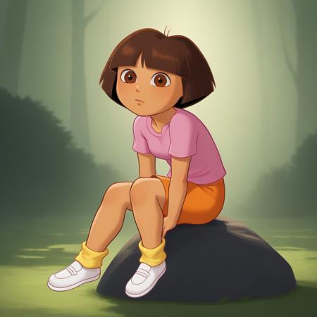 1girl, solo, Dora, short hair, brown hair, brown eyes, tan, pink shirt,  orange shorts,