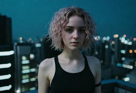 cyborg young woman, dark cyberpunk, highly detailed face, pale fragile delicate body, frizzy bob cut hair, (stylish haircut:0.9), wearing a tight stylish minimalistic futuristic open black hi-tech tactical techwear crop top with symmetrical cutouts, subtle cyberware, standing on a cyberpunk Japanes city rooftop at night, scenic view, cinematic scene, cinematic lighting, analog-style photo, grainy amateur lo-fi portrait photo, desaturated colors, (low contrast), distracted, b-cup breasts, eyeliner, (eyeshadow:1.1), shy, blushing, raw photo, phone photo, 3/4, (upper body portrait shot), medium shot, accidental art, candid, crisp image, high detail, (eyebags:0.7), chromatic aberration