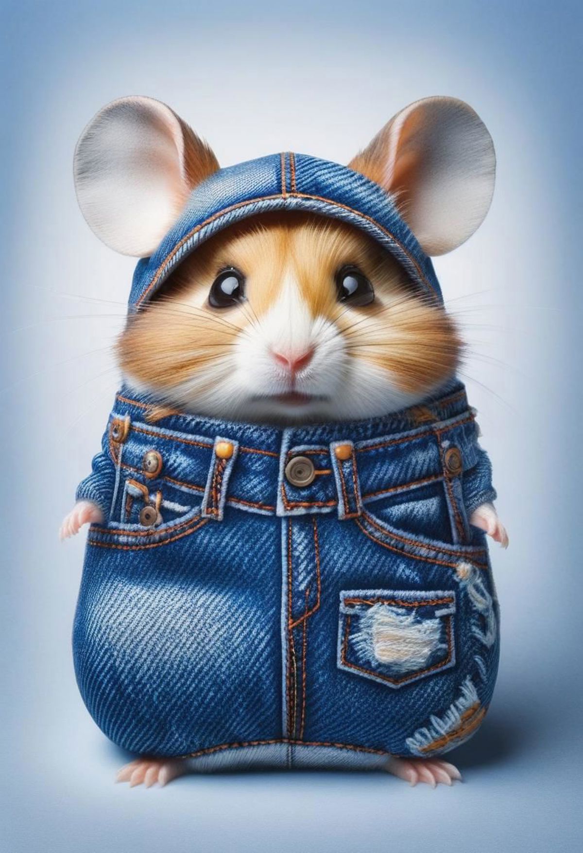 A small hamster wearing blue jeans.
