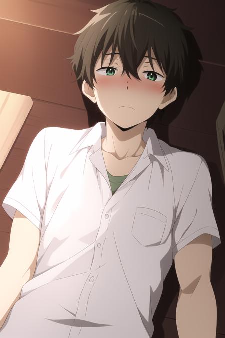 oreki houtarou, 1boy, male focus, brown hair, green eyes, blush, looking at viewer, lying, on_back, solo, white shirt