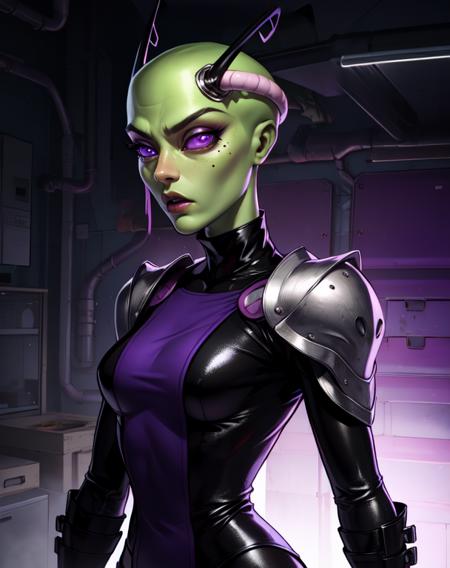 TakAlien,purple eyes , antennae ,mole under eye , pipe on forehead,
 standing, upper body, 
pelvic curtain, black gloves,  turtle neck, sharp shoulder pads,  long sleeves,  
 dark lab, purple lighting, lab tech,
(insanely detailed, beautiful detailed face,beautiful detailed eyes, masterpiece, best quality) 
 <lora:TakAlien-10v6:0.9>