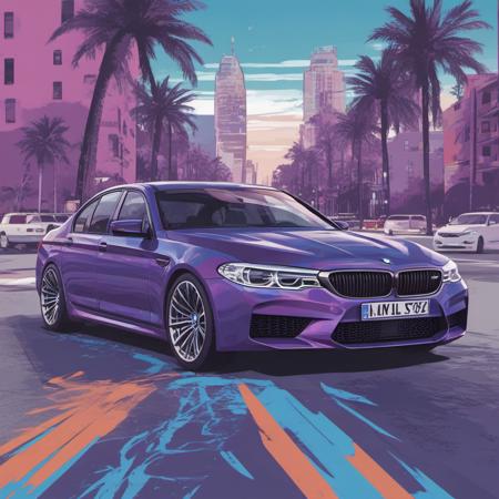 stylized illustration of a bmw m5, vector, artwork, colorful with city street and palm tree background, outrun, purple and blue <lora:bmw_m5:0.6>