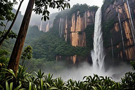<lora:pytorch_lora_weights_361535:1>,A professional landscape photography of At the base of Angel Falls in Venezuela, where the worldâs tallest waterfall drops from a tabletop mountain into jungle mist. At tropical sunrise, (mist columns:1.15) rise glowing into golden air, howler monkeys stir in the canopy, and wet leaves glisten. ,