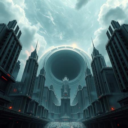 Low angle wide view of a futuristic city on a scifi planet, dystopian future, monumental architecture, skyscrapers, future, in the sky space can be seen where a giant sentient black hole is consuming everything (planets, nebula, solar systems, galaxies, eventually the entire universe will be sucked into the event horizon of the black hole) (supermassive black hole, black hole sun, sentient black hole, stellar black hole), there is a dark gloom pervading the scene as the black hole threatens to inevitably consume the future city