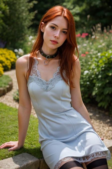 analog photo, ((metal slave collar)), chain hanging down neck,
a gorgeous young woman, 18 years old, skinny, cblemish, simple dress, transparent dress
lace, stockings,
redhead, red hair,
,in a castles garden,
innocent, in love, girlish, sexy, petite, realistic skin , texture, bokeh, sharp focus on subject,
1boy, oral sex