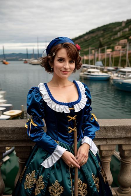 jester costume ,  harbor , evening  <lora:Tina_Fey:1> 1girl, solo, a mature t1873f, masterpiece, best quality, detailed face,