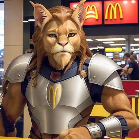 photograph of an Aslan in body armor drinking coffee at McDonald's <lora:aslan_v202:1>