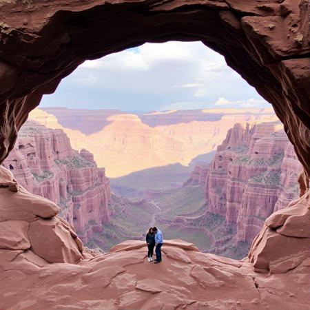 Grand Canyon. Couple standing center of arch. Big drop. Couple in love.