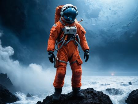 an astronaut at  Red Moon. dark space,rocks, explosions, terrain, concept art, cinematic, dramatic, atmospheric, 8 k, trending on artstation, blue, fish, low visibility, fog, ocean floor, christopher nolan, interstellar <lora:xl_more_art-full_v1:0.95>
