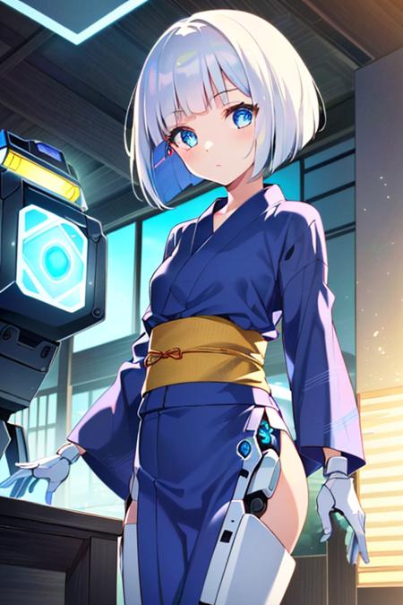 (sfw), intricate details, (bright neon colors), detailed background, daylight, indoors, 1girl, (petite, (expressionless cute face, bright glowing blue eyes), (human torso, petite perky breasts, yukata, robotic arms, robotic legs), (white hair, bob cut)), dynamic angle