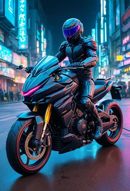 A black suited mecha riding a futuristic motorbike, Akira Style motorbike,  color pencil painting  cinematic composition,complex multiple subjects, 4k HDRvaporwave style , , cyberpunk, vibrant, neon colors, , highly detailed,,,Leica Q2 with Summilux 35mm f/1.2 ASPH, ,clear face, Ultra High Resolution, wallpaper, 8K,Rich texture details, hyper detailed, detailed eyes, detailed background, dramatic angle,