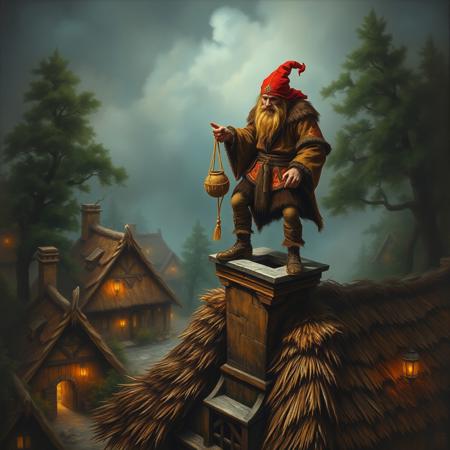 Highly detailed oil painting in baroque style with influence from Frank Frazetta.   A raggety looking viking shaman standing on top of a  of a wooden cottage with a thatched roof in a viking village, as he drops a small round pouch down the chimney, the shaman wears shoes with curled up pointy toes, and a pointed red sleep cap,  His hide jacket is decorated with red and gold markings resembling Nordic art.  The village is full of thatched roof houses, every green trees and lanterns, the scene has a glow that conveys magic, wonder and mischievous  joy