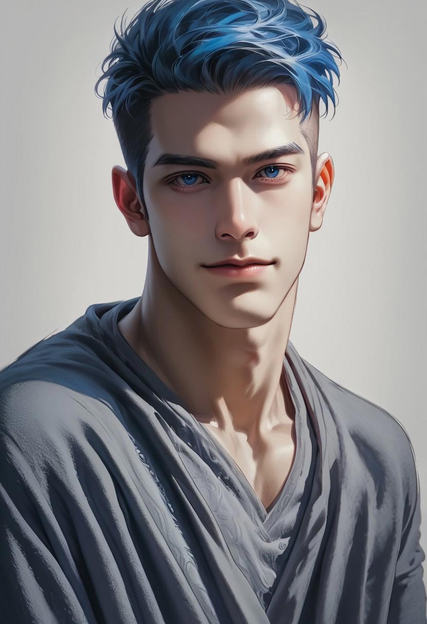 1boy, male, male focus, mature male, handsome, masculine, smile, dark blue hair, short hair, dark blue eyes, muscular body, front view, looking_at_viewer, standing, clothes, 2 colors ((white, blue)), white background, Beautiful eyes, perfect eyes, ultra-detailed eyes, detailed face, perfect face, ultra-detailed face, detailed, ultra-detailed, basic_background, dark background, blue ink, sketch, monochrome, score_9, score_8_up, score_7_up, score_6_up, score_5_up, score_4_up, BREAK, rating_explicit, Intricate Details, Best Quality, high quality, masterpiece, detailed_eye_model, Eyes, expression,