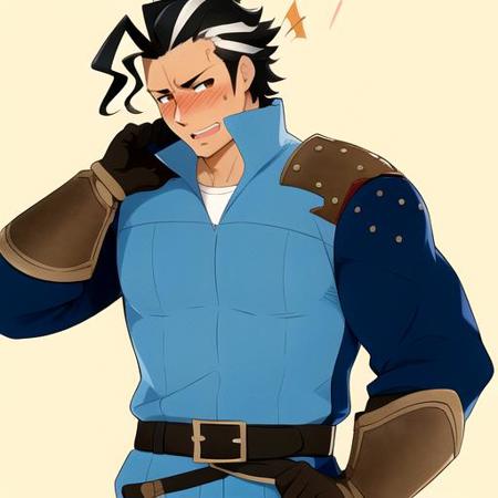 Olberic  1boy man  slicked back hair streaks hair with streaks blue clothes gloves holding sword