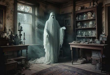 In a forgotten corner of a dusty antique shop, a specter from the digital realm materializes in a vintage photograph. The image, a faded black-and-white photograph, captures a dynamic figure that seems to defy the constraints of its static medium. The elusive ghost is depicted in rich, vibrant colors, its translucent form pulsing with an otherworldly energy. Every pixel is meticulously crafted, enhancing the ghost's ethereal presence and adding a touch of whimsy to the haunting scene. The image is a masterpiece of digital artistry, blending the past and the present in a mesmerizing display of creativity.